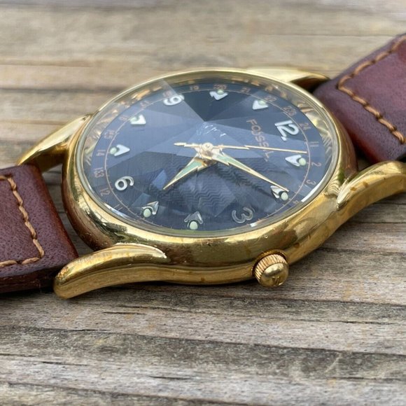 Fossil Men Watch Gold Tone Case Pyramid Crystal Brown Braided Leather Band Analo - Picture 6 of 13